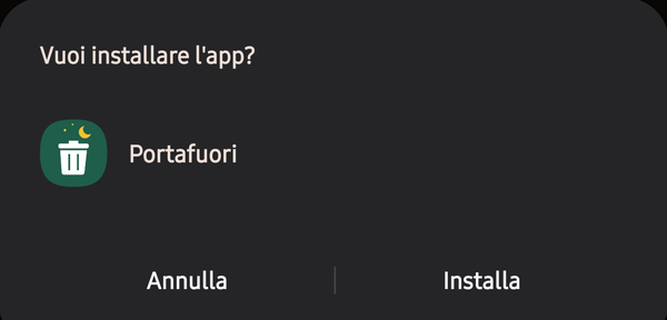 Finestra Vuoi installare l'app? Portafuori, con i pulsanti Annulla e Installa
